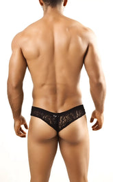 Black lace thong with intricate floral pattern made of mesh fabric from joe snyder mini cheek mesh collection
