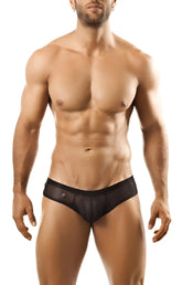 Black sheer mesh Joe Snyder mini cheek briefs with subtle logo on waistband shown from the back side