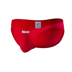 Bright red form-fitting polyester bulge full bikini swim trunks by joe snyder for bold swimwear style
