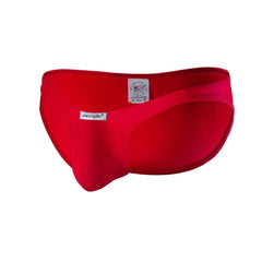 Bright red form-fitting joe snyder polyester bulge full bikini swim trunks designed for confident beachwear