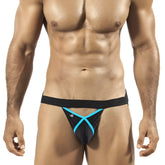 Joe snyder pride frame jock strap peekaboo 02 black turquoise athletic briefs with x-shaped design front size one size