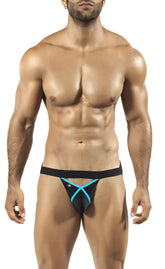 Joe Snyder Pride Frame jock strap peekaboo in black and turquoise with x-shaped design front for underwear and swimwear
