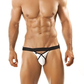 White and black joe snyder pride frame jock strap with crisscross thong design in one size for underwear and swimwear