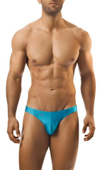 Bright turquoise satin joe snyder print bikini classic briefs with a sleek minimalist design