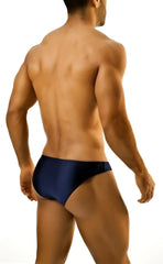 Navy blue Joe Snyder print bikini classic swim trunks featuring a stylish pattern for comfortable beachwear