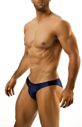 Navy blue joe snyder print bikini classic swim trunks with sleek form-fitting design for swimming and beachwear