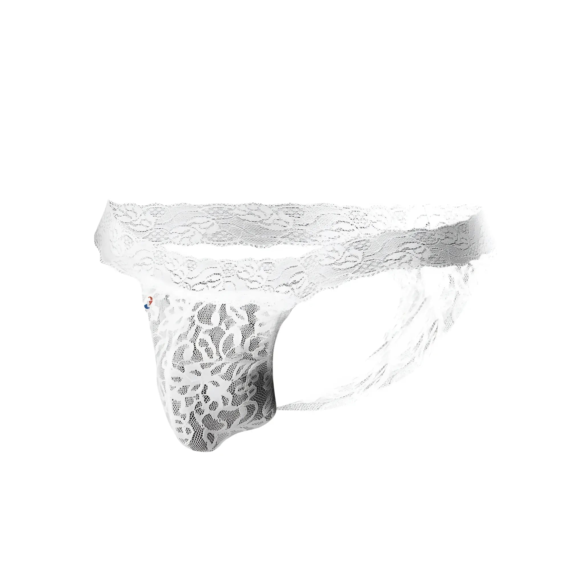 White lace thong joe snyder jsl03 with intricate floral patterns and sheer mesh texture showing front side