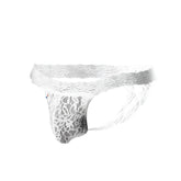 White lace thong joe snyder jsl03 with intricate floral patterns and sheer mesh texture displayed from the back side
