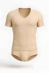 Beige v neck short-sleeved undershirt and matching briefs set by joe snyder in comfortable lightweight fabric
