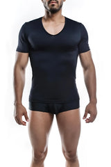 Black joe snyder v neck athletic shirt with short sleeves made of stretchy fabric for active wear