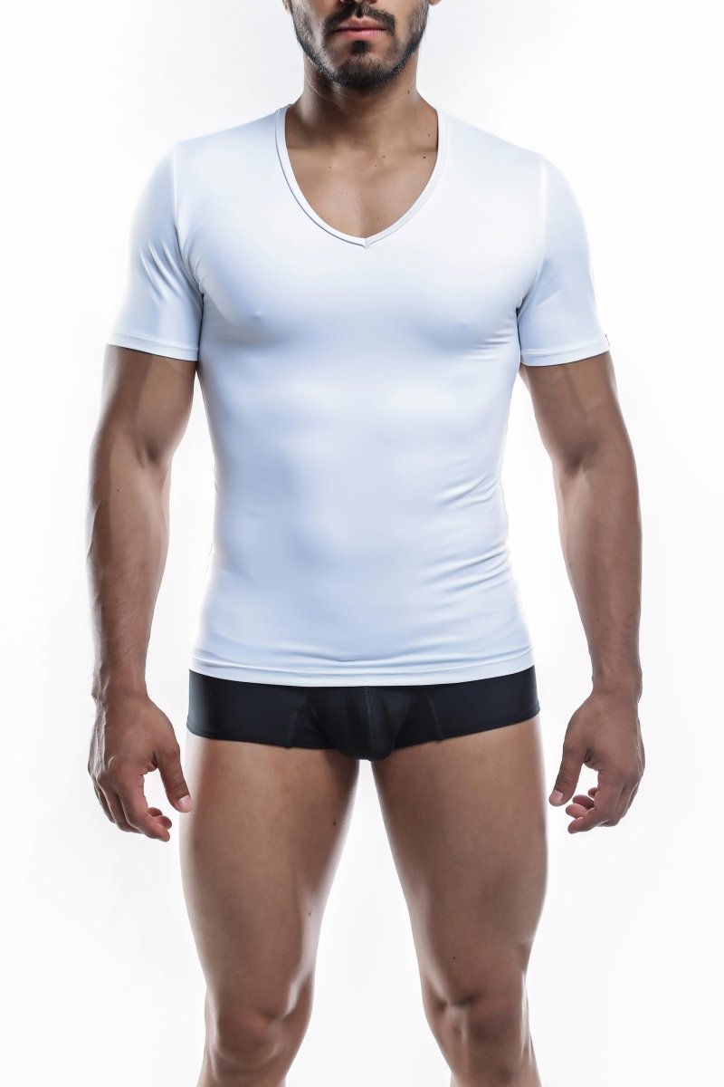 White v neck short sleeved athletic shirt by Joe Snyder made of breathable fabric for active wear