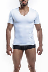 White v neck short sleeved athletic shirt by Joe Snyder made of breathable fabric for active wear