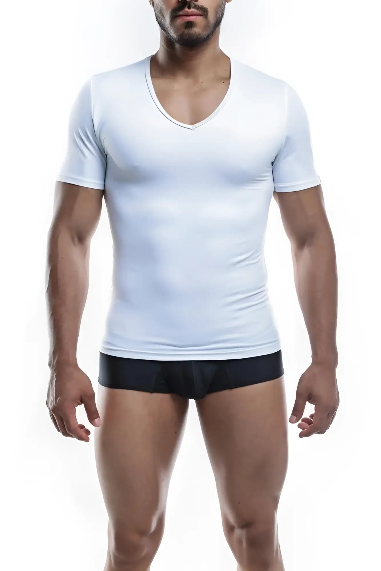White v neck short sleeved athletic shirt by Joe Snyder made of breathable fabric for active wear
