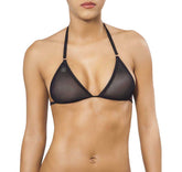 Black sheer triangle bikini top by Joe Snyder women with thin straps and small embellished detail on upper left side