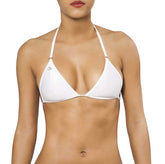 White triangle bikini top with thin straps and small logo on left side from joe snyder women corfu top collection