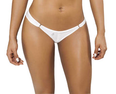 White thong bikini bottom by Joe Snyder women Crete Tanga featuring a small decorative emblem on the front