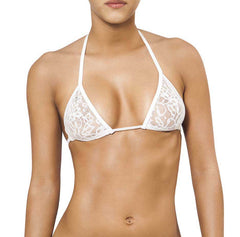 White lace triangle bikini top with delicate floral patterns and adjustable straps joe snyder women lefkada top