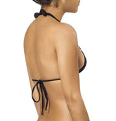 Black halter-style bikini top with adjustable ties and knot detail at the back from joe snyder women mykonos top