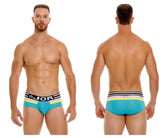 Turquoise jor 1941 athletic briefs with black white and neon yellow striped waistband in green swim trunks design