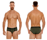 Olive green jor 1944 college briefs with black trim and j08 logo on waistband made from soft breathable fabric