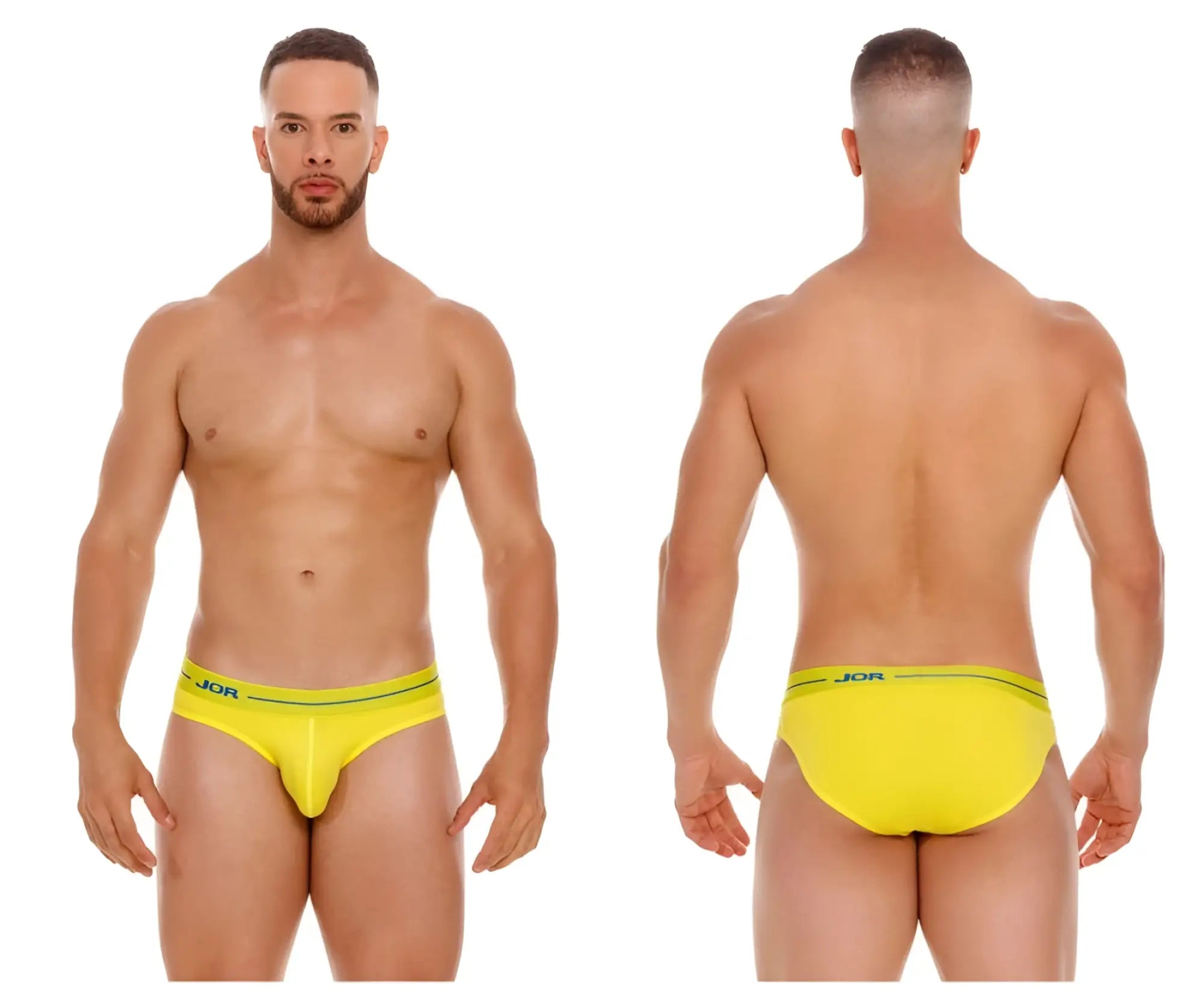 Bright yellow jor 2053 daily bikini briefs with thin green trim and black jor logo for comfortable everyday wear