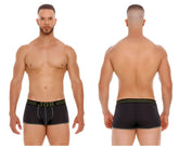 Black jor 2056 college trunks boxer briefs with olive green trim and subtle textured pattern in front view