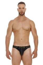 Black jor 2058 college bikini briefs with olive green stripes and lettering in a comfortable fabric