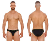 Black jor 2058 college bikini briefs with olive green striped waistband and textured fabric front view