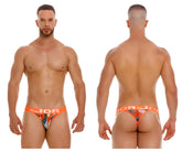 Orange and multicolored patterned jor 2095 boreal thongs with bold orange waistband and jor logo front view