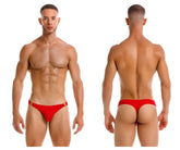 Red magnus thong briefs with gold-tone metal accents designed for comfortable stylish wear