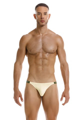 Cream-colored jor 2157 eros jockstrap with sleek minimalist design and green trim along the waistband