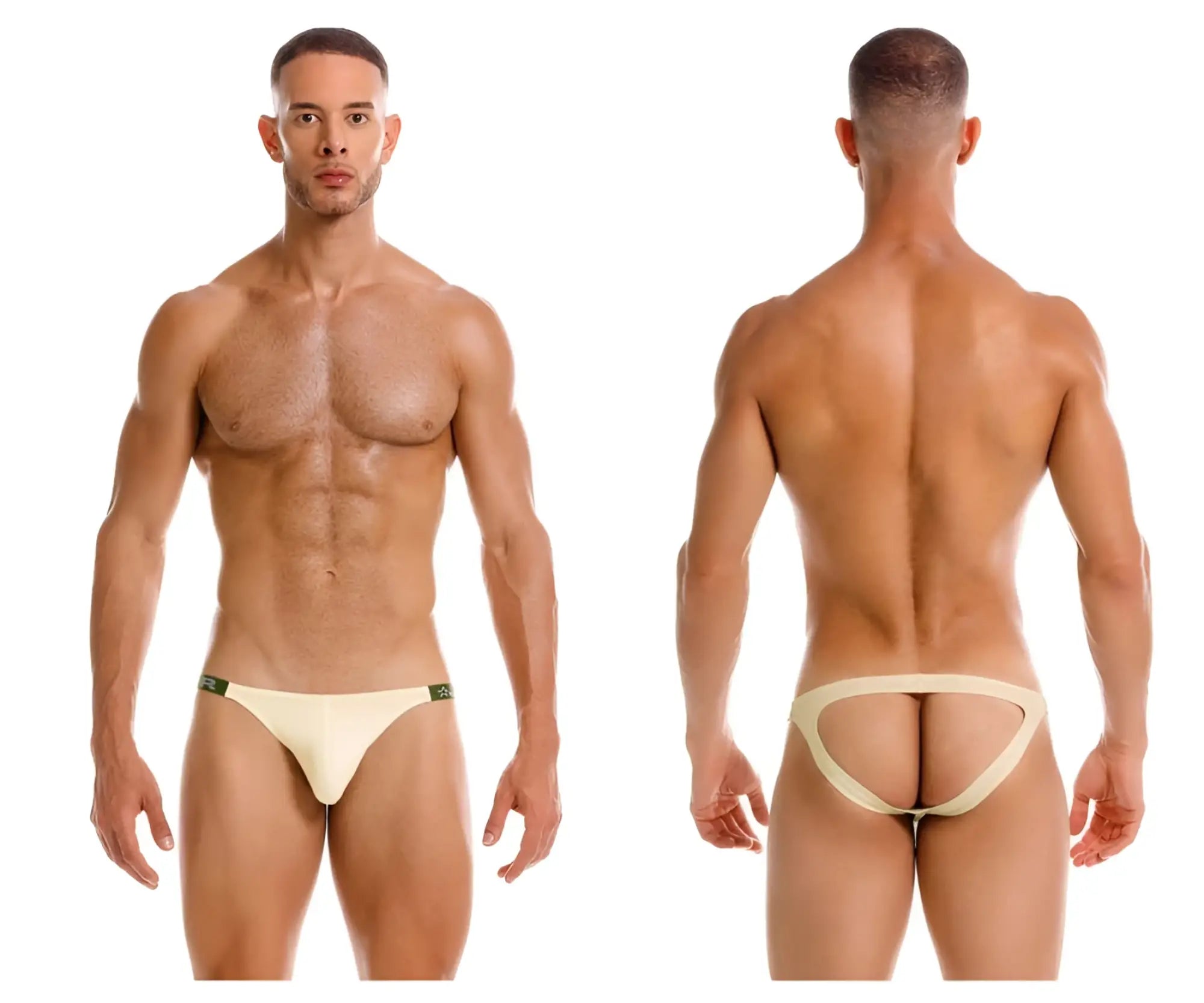 Cream-colored jor 2157 eros jockstrap briefs with minimalist design and subtle green trim at waistband
