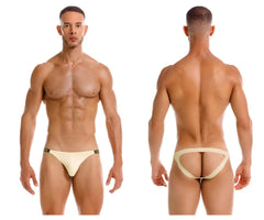 Cream-colored jor 2157 eros jockstrap briefs with minimalist design and subtle green trim at waistband