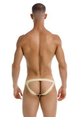 Beige eros jockstrap jor 2157 showing the back side with form-fitting open-back thong made of stretchy fabric