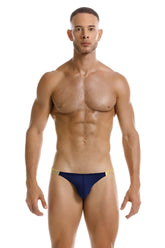 Navy blue jor 2159 ares bikini briefs with gold trim front view made of soft breathable fabric