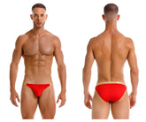 Red jor 2159 ares bikini swim trunks with gold trim designed for beach and pool use