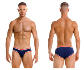 Navy blue jor 2169 martini briefs with red and white striped trim swim trunks for casual beach wear