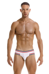 Jor 2169 martini briefs in white with red and navy blue striped trim featuring comfortable cotton fabric
