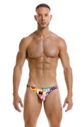 Vibrant jor 2173 carnival thongs color printed featuring multicolored swim trunks with red and yellow fruit motifs and car lettering