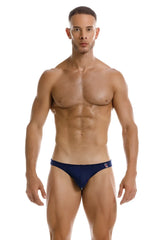Navy blue JOR 2191 travel swim bikini briefs with a small red and white logo on the waistband