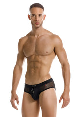 Black mesh JOR 2193 Mystic swim briefs with drawstring waistband and subtle side branding for swimming use