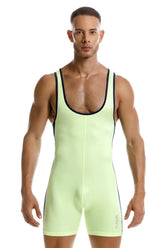 A neon green jor 2216 fighter bodysuit wrestling singlet with black trim along neckline and sides