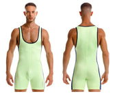 A sleek neon green jor 2216 fighter bodysuit wrestling singlet with black trim along neckline and sides