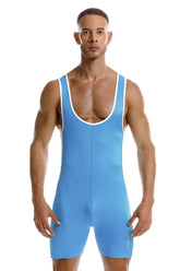 Light blue wrestling singlet with white trim and subtle brand logo on lower leg jor 2216 fighter bodysuit turquoise