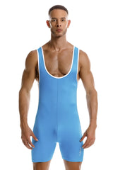 Light blue wrestling singlet with white trim and subtle brand logo on lower leg jor 2216 fighter bodysuit turquoise