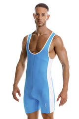 Jor 2216 fighter bodysuit wrestling singlet in light blue and white with a sleek form-fitting design in turquoise