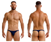 Navy blue jor 2235 eros thong with subtle logo on waistband showing front side in soft fabric