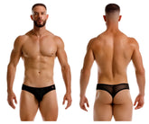Black mesh jor 2242 origin thongs with solid black waistband and small red logo on the left side front view