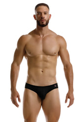Black jor 2242 origin thongs with a small red and white logo on the waistband shown from the front