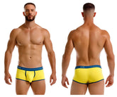 Bright yellow jor 2243 astra men’s briefs with navy blue trim and waistband designed for comfortable everyday wear